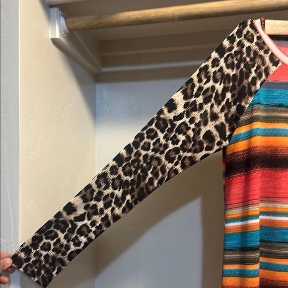 Colorful Striped Blouse with Leopard Print Sleeves - Picture 3 of 5